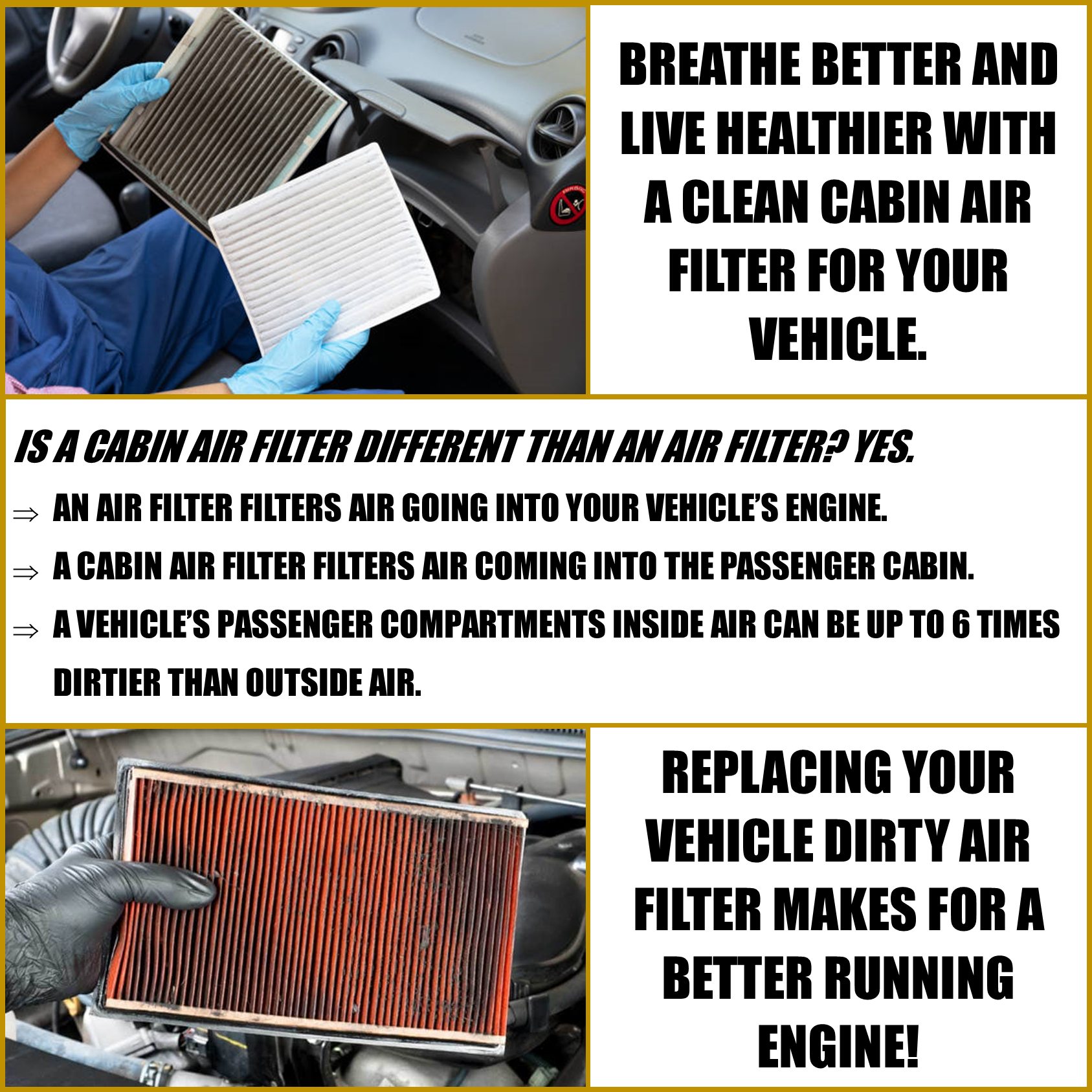 Breathe better and live healthier with a clean Cabin Air Filter.