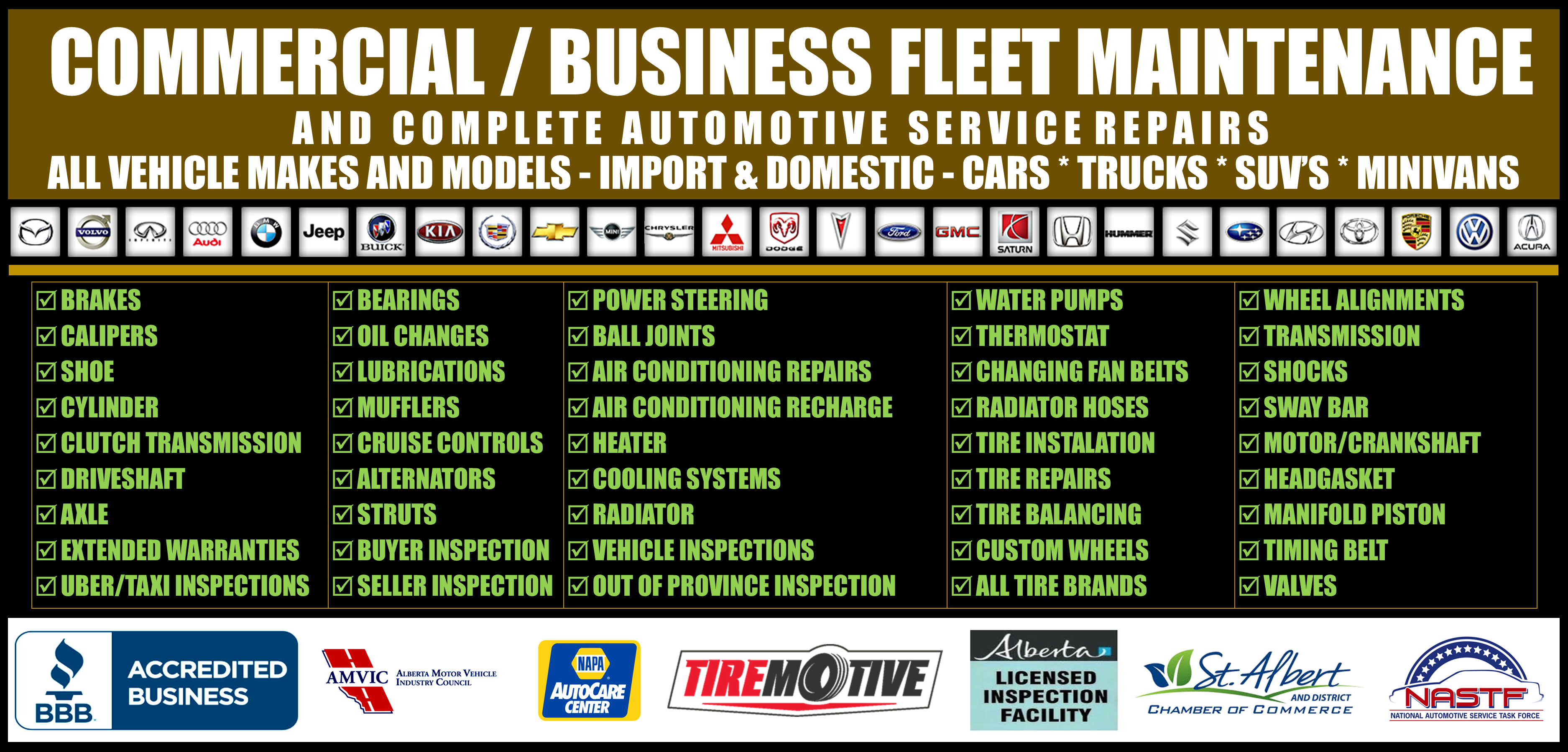 Commercial/Business Fleet Maintenance and Complete Automotive Service Repairs available to all 