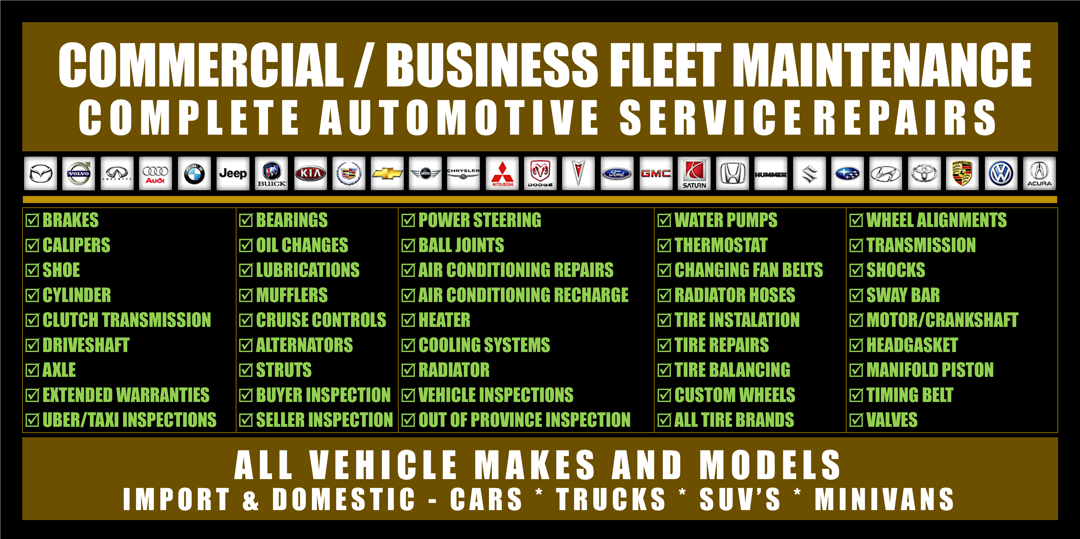 Commercial/Business Fleet Maintenance and Complete Automotive Service Repairs available to all